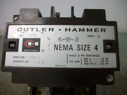 CUTLER-HAMMER SIZE 4 CONTACTOR C10FN3 135AMP 600VCOIL 3PH 600V 100HP