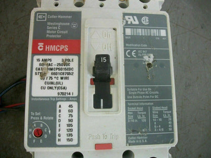 CUTLER-HAMMER HMCPS CIRCUIT BREAKER HMCPS015E0C 15AMP 600VOLT 3POLE W/AUX