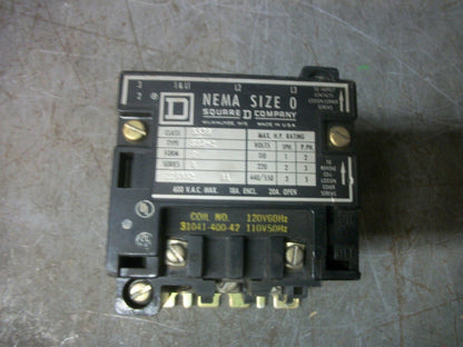 SQUARE D SIZE 0 CONTACTOR 8536SBG2 120VCOIL 3PH 600V 5HP
