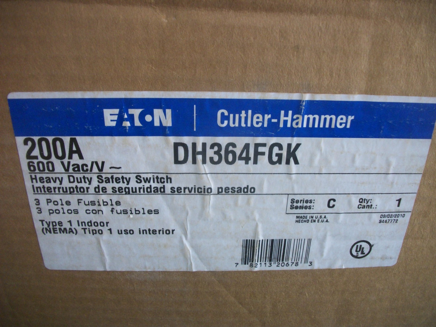 CUTLER-HAMMER DISCONNECT TYPE 1 DH364FGK 200AMP 600VOLT 3POLE FUSIBLE NIB