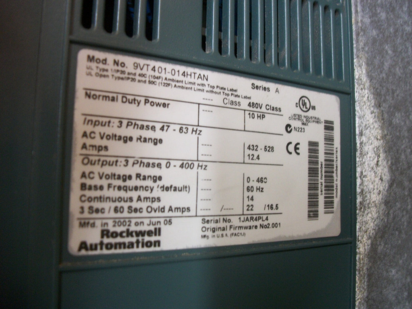 ROCKWELL AUTOMATION 9V1041H0B10 10HP VTAC9 HVAC DRIVE 9VT401-014HTAN 460VOLT 3PH