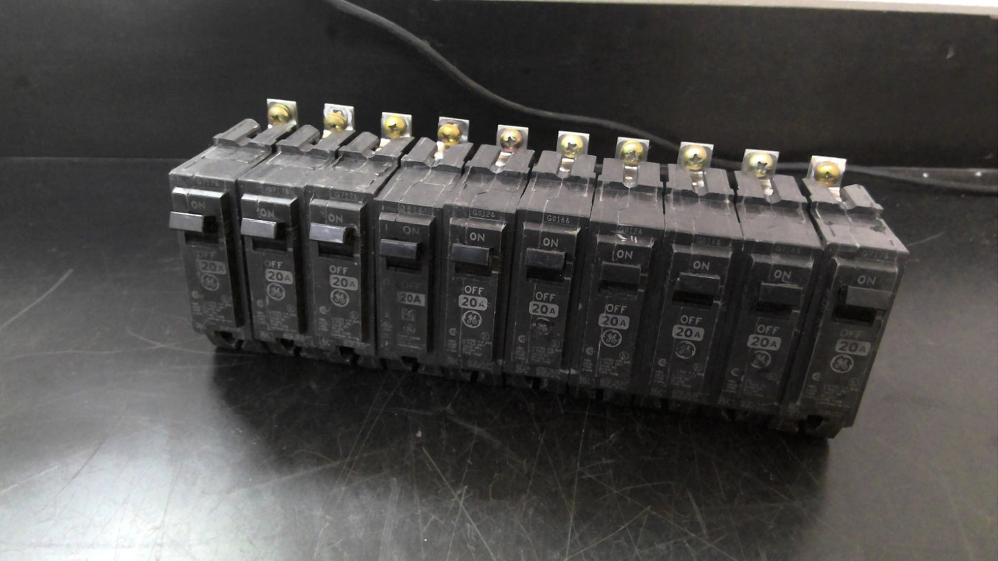 GE LOT OF 10 THQB CIRCUIT BREAKERS THQB1120 20AMP 240VOLT 1POLE