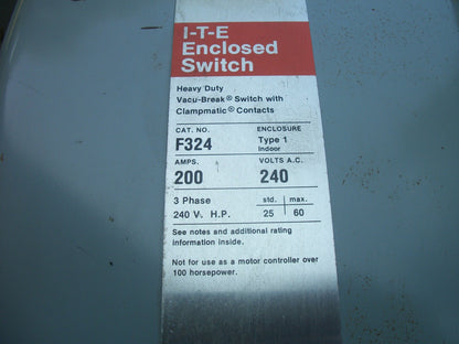 SIEMENS DISCONNECT TYPE 1 F324 200AMP 240VOLT 3POLE FUSIBLE