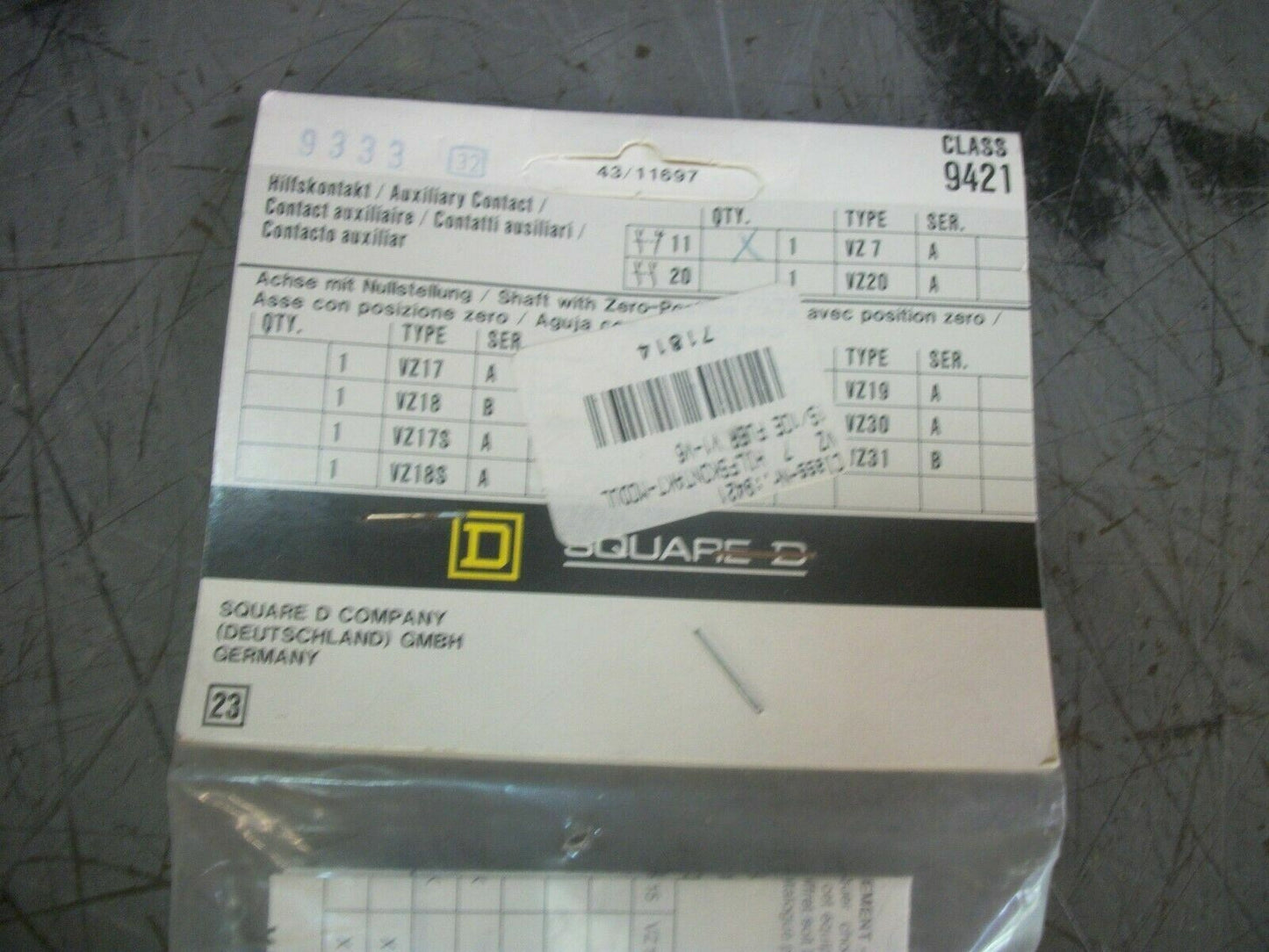 SQUARE D AUXILIARY CONTACT 9421VZ7 NEW