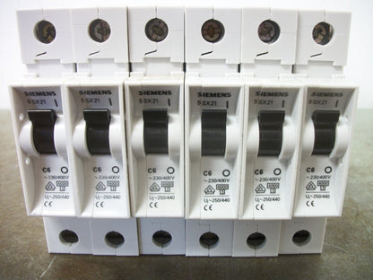 SIEMENS LOT OF 6 MINI CIRCUIT BREAKERS 5SX21C6 6AMP 230/400VOLT 1POLE
