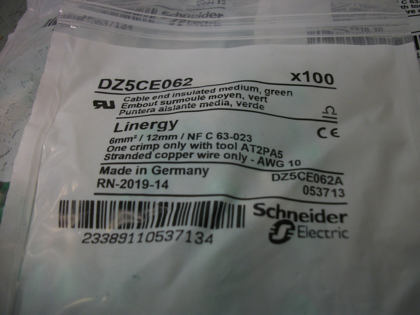 TELEMECANIQUE LOT OF 500 6MM2 12MM 10 AWG GREEN INSUL CABLE ENDS DZ5CE062 NEW