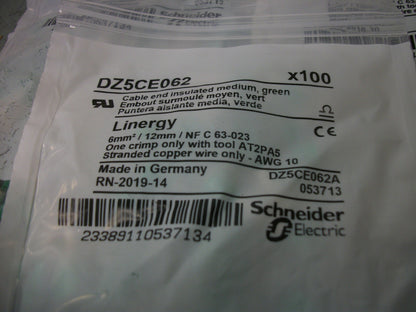 TELEMECANIQUE LOT OF 500 6MM2 12MM 10 AWG GREEN INSUL CABLE ENDS DZ5CE062 NEW