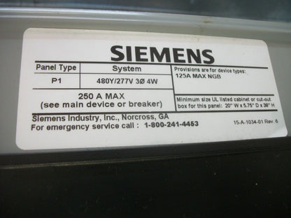 SIEMENS P1 LOAD CENTER PANELBOARD NGB 125AMP 480Y/277VOLT 3PH W/150A MAIN