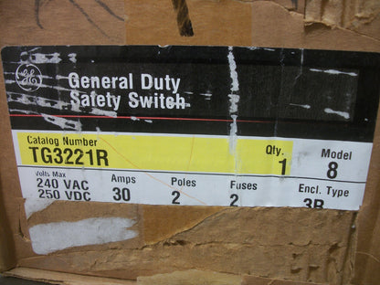 GE DISCONNECT TYPE 3R TG3221R 30AMP 240VOLT 2POLE FUSIBLE NIB