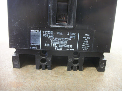 WESTINGHOUSE FB CIRCUIT BREAKER FB3030L 30AMP 600VOLT 3POLE