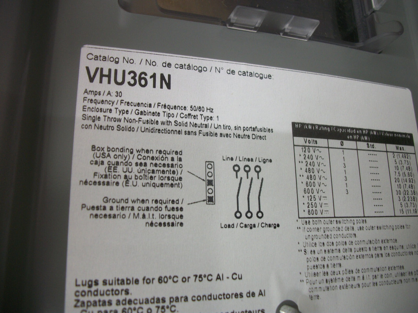 SQUARE D DISCONNECT TYPE 1 VHU361N 30AMP 600VOLT 3POLE FUSIBLE NIB