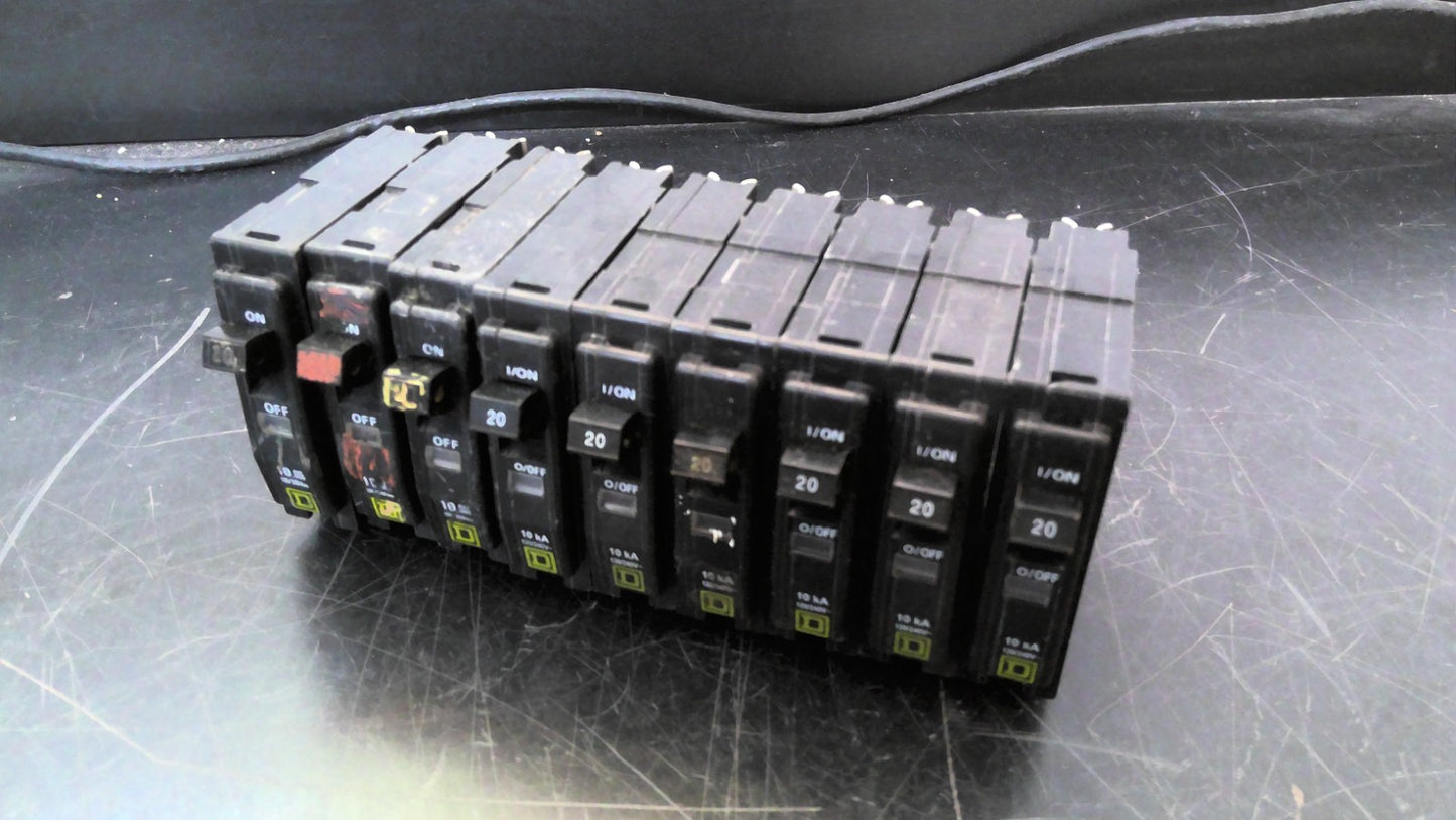 SQUARE D LOT OF 9 QO CIRCUIT BREAKERS QO120 20AMP 240VOLT 1POLE