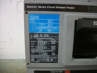 SIEMENS SENTRON JD6-A CIRCUIT BREAKER JD63F400 400AMP 600VOLT 3POLE W/225A TRIP