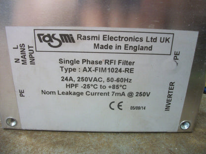RASMI ELECTRONICS SINGLE PHASE RFI FILTER AX-FIM1024-RE 24AMP 250VOLT