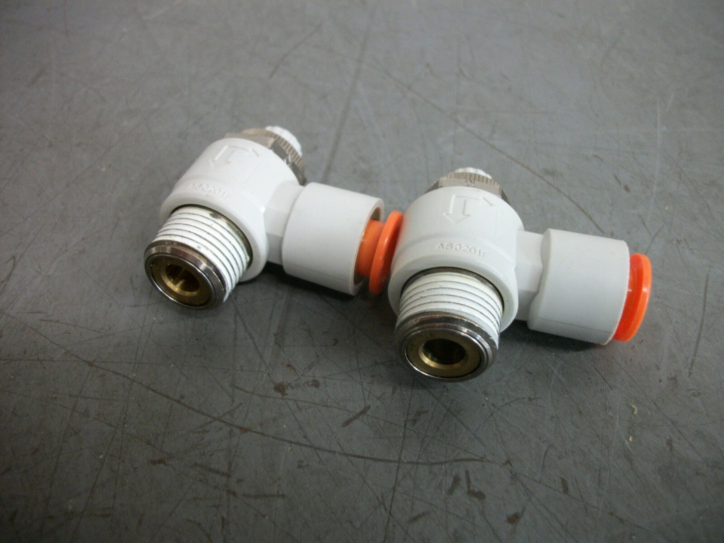 SMC LOT OF 2 3/8" PUSH TO CONNECT SPEED CONTROL VALVES AS3201F NOB