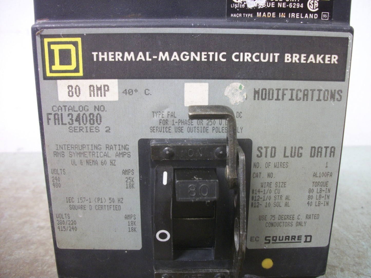 SQUARE D FAL CIRCUIT BREAKER FAL34080 80AMP 480VOLT 3POLE GRAY