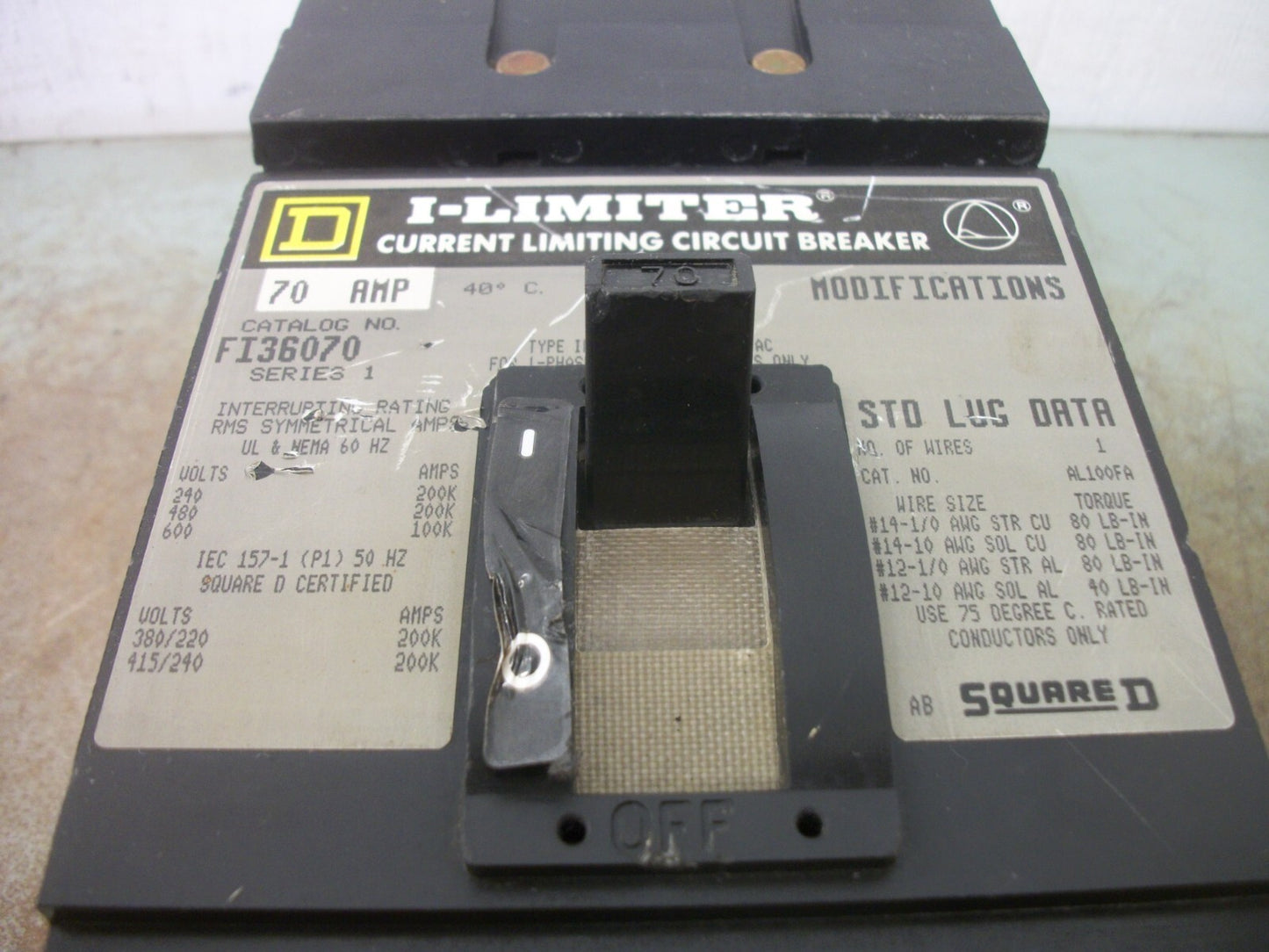SQUARE D I-LIMITER I-LINE FI CIRCUIT BREAKER FI36070 70AMP 600VOLT 3POLE GRAY