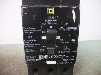 SQUARE D EDB CIRCUIT BREAKER EDB34020 20AMP 480VOLT 3POLE