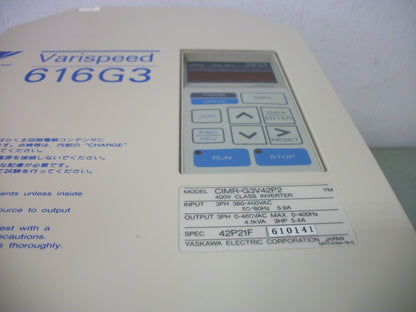 YASKAWA VARISPEED 616G3 3HP INVERTER DRIVE CIMR-G3V42P2 460VOLT 3PH 4.1KVA