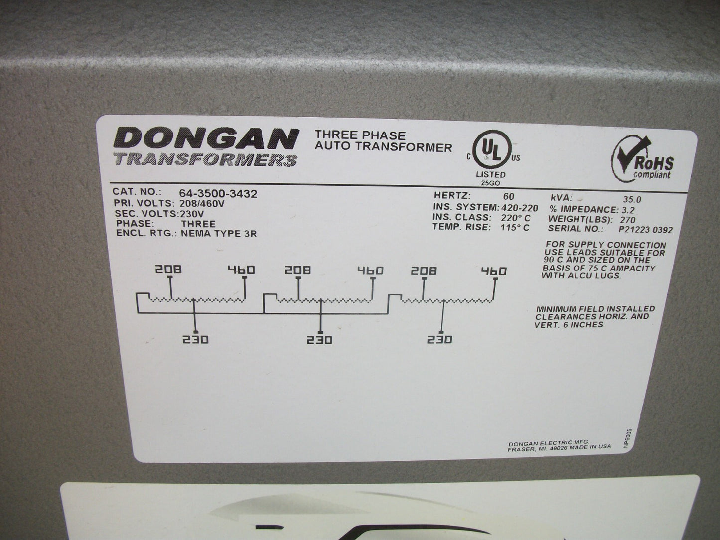 DONGAN 35KVA 3PH 3R TRANSFORMER 64-3500-3432 HV 208/460 LV 230 NEW