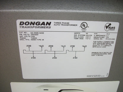 DONGAN 35KVA 3PH 3R TRANSFORMER 64-3500-3432 HV 208/460 LV 230 NEW