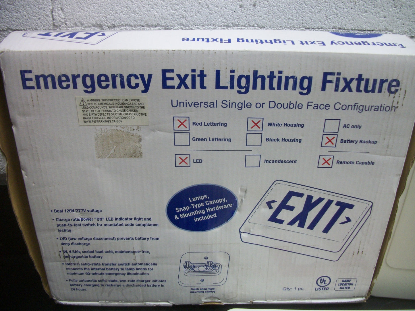 ELITE LED BATTERY BACKUP REMOTE CAPABLE EMERGENCY EXIT SIGN ELX-629-R-W NIB