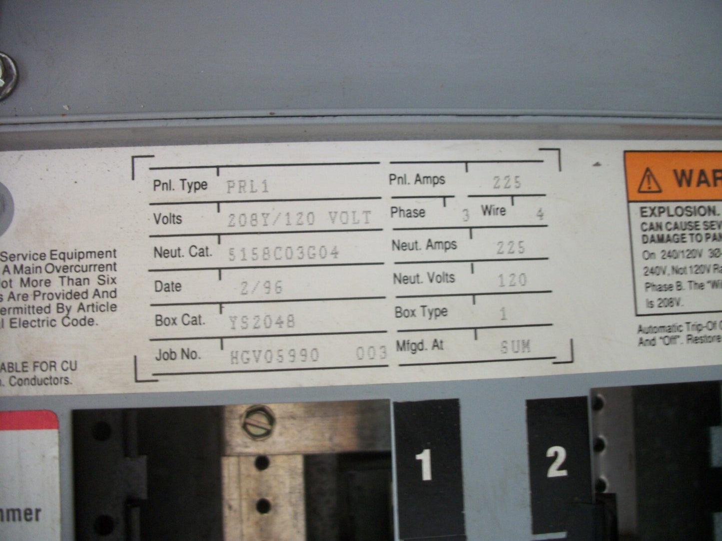 CUTLER-HAMMER PRL1 LOAD CENTER PANELBOARD YS2048 225AMP 208Y/120VOLT 3PH REFURB
