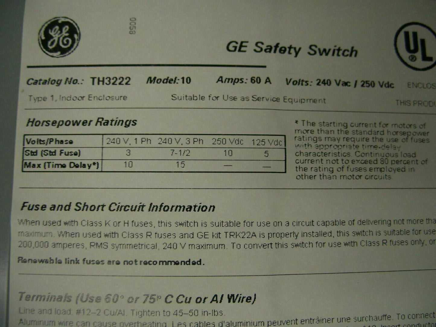 GE DISCONNECT TYPE 1 TH3222 60AMP 240VOLT 2POLE FUSIBLE