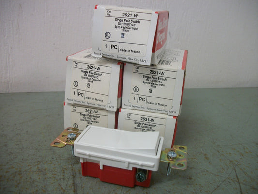 PASS & SEYMOUR LOT OF 5 1POLE ROCKER SWITCHES 2621-W 20AMP 120/277VOLT NIB