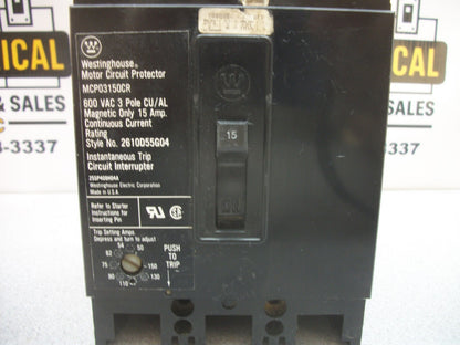 WESTINGHOUSE MOTOR CIRCUIT BREAKER MCP03150CR 15AMP 600VOLT 3POLE
