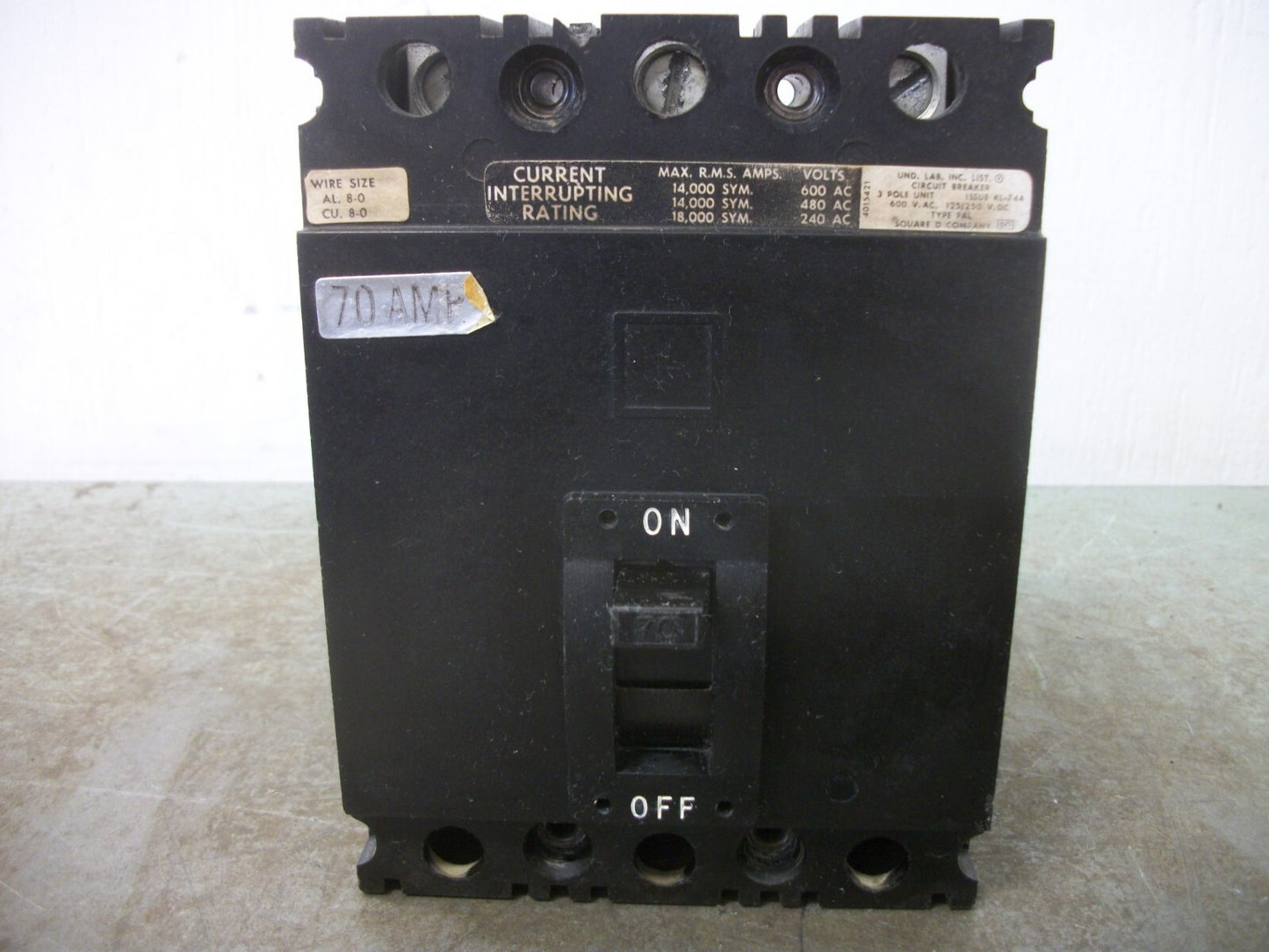 SQUARE D FAL CIRCUIT BREAKER FAL36070 70AMP 600VOLT 3POLE BLACK