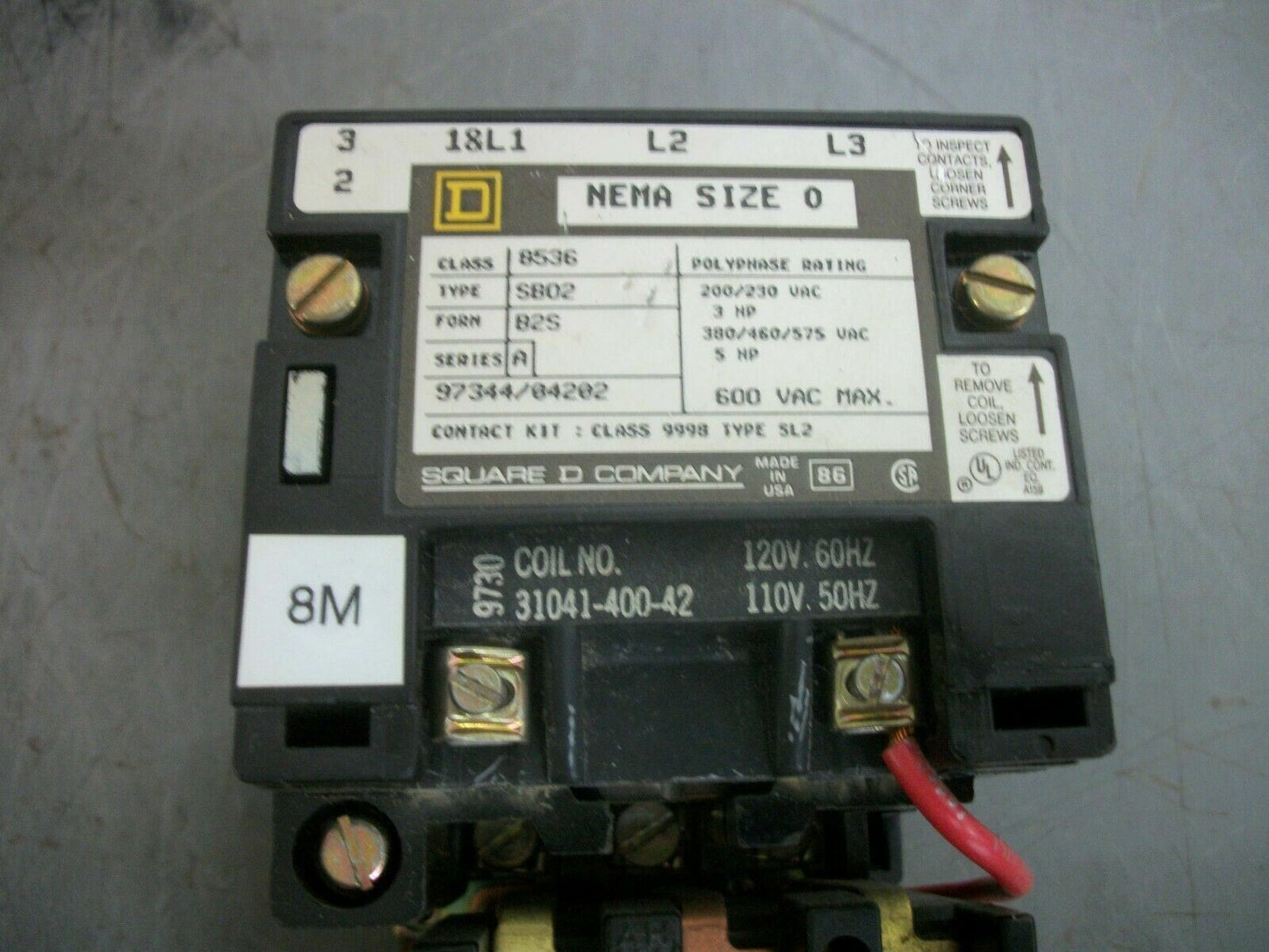 SQUARE D SIZE 0 MOTOR STARTER 8536SBO2B2S 120VCOIL 3PH 600VOLT 5HP