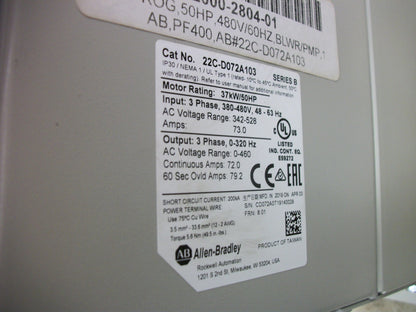 ALLEN-BRADLEY POWERFLEX 400 50HP AC DRIVE 22C-D072A103 3PH 460VOLT DENTED