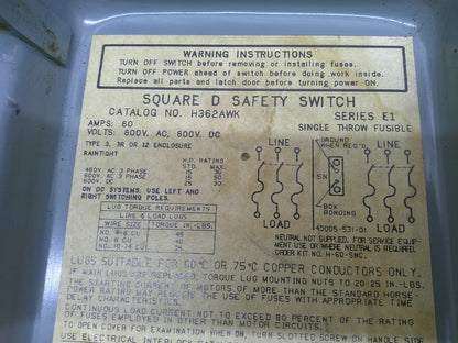 SQUARE D DISCONNECT TYPE 3R,12 H362AWK 60AMP 600VOLT 3POLE FUSIBLE