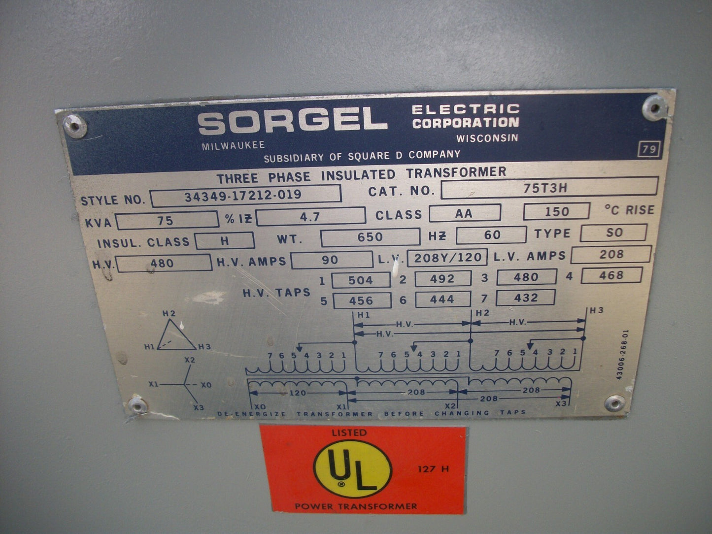 SQUARE D SORGEL 75KVA 3PH TRANSFORMER 75T3H HV 480 LV 208Y/120 REFURB OLD STYLE