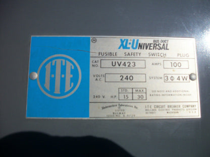 SIEMENS ITE XL-UNIVERSAL FUSIBLE BUS PLUG UV423 100AMP 240VOLT 3PH 4W