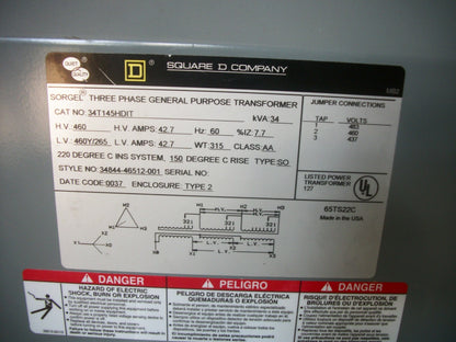 SQUARE D SORGEL 34KVA 3PH TRANSFORMER 34T145HDIT HV 460 LV 460Y265 NEW