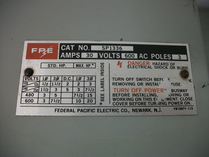 FEDERAL PACIFIC FUSIBLE BUS PLUG SP1336 30AMP 600VOLT 3PH 3POLE