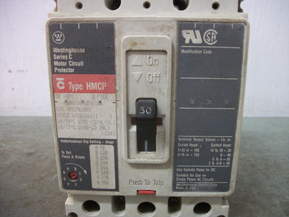 WESTINGHOUSE HMCP CIRCUIT BREAKER HMCP030H1 30AMP 600VOLT 3POLE