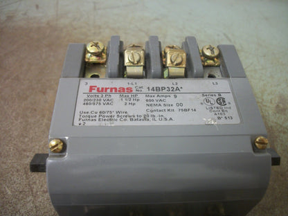FURNAS SIZE 00 MOTOR STARTER 14BP32A* 9AMP 110/120-220/240VCOIL 3PH 600V 2HP