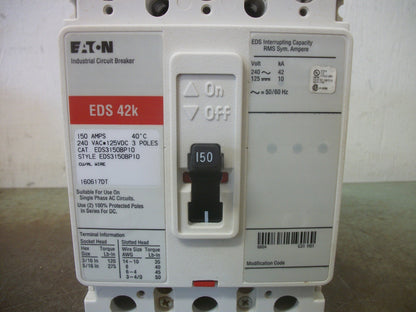 CUTLER-HAMMER EDS CIRCUIT BREAKER EDS3150BP10 150AMP 240VOLT 3POLE RED NOB