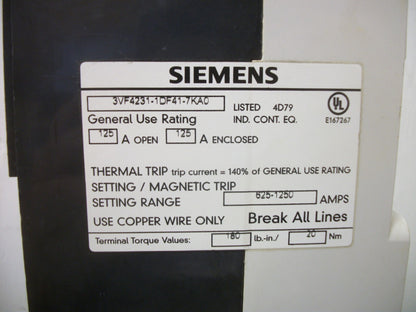 SIEMENS 3VF4 CIRCUIT BREAKER 3VF4231-1DF41-7KA0 125AMP 600VOLT 3POLE