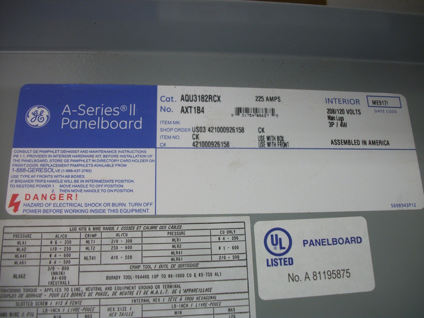 GE A SERIES II PANELBOARD INTERIOR AQU3182RCX 225A 208/120V 3PH NEW