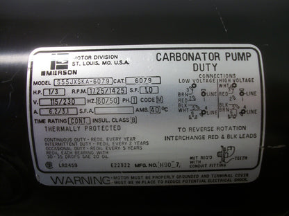 EMERSON 1/3HP CARBONATOR PUMP MOTOR S55JXSKA-6079 115/230VOLT 1725RPM 1PH NOB