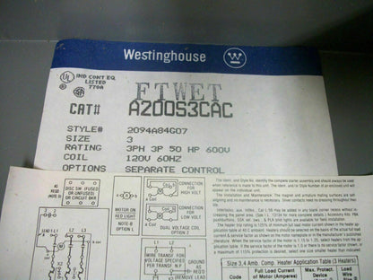 WESTINGHOUSE ENCL SIZE 3 MOTOR STARTER A200M3CACP 220VCOIL 3PH 600V 50HP *NOB*