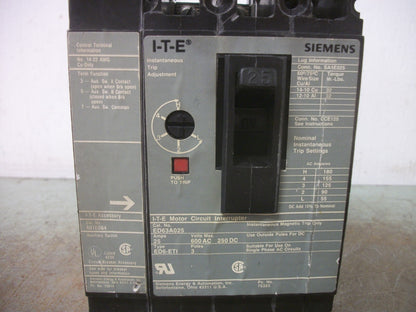 SIEMENS ED6-ETI CIRCUIT BREAKER ED63A025 25AMP 600VOLT 3POLE W/AUX