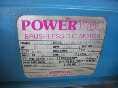 POWERTEC 25HP 215T DPBV BRUSHLESS DC MOTOR A21DMJ1000200000 640VDC 2500RPM