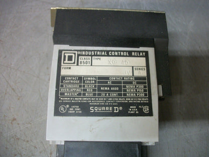 SQUARE D CONTROL RELAY 8501XO40 120VCOIL W/LATCHING RELAY ATTACHMENT 8501XL