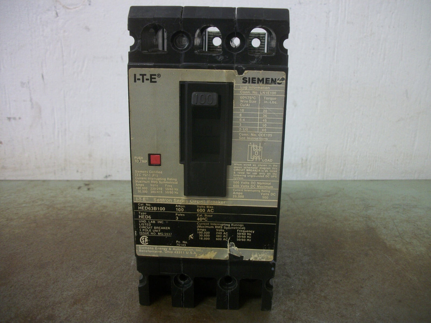 SIEMENS SENTRON HED6 CIRCUIT BREAKER HED63B100 100AMP 600VOLT 3POLE