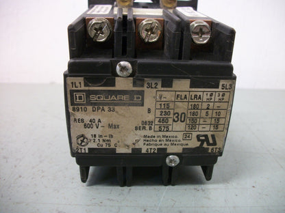 SQUARE D DEFINITE PURPOSE CONTACTOR 8910DPA33 30AMP 240VCOIL 600VOLT 15HP